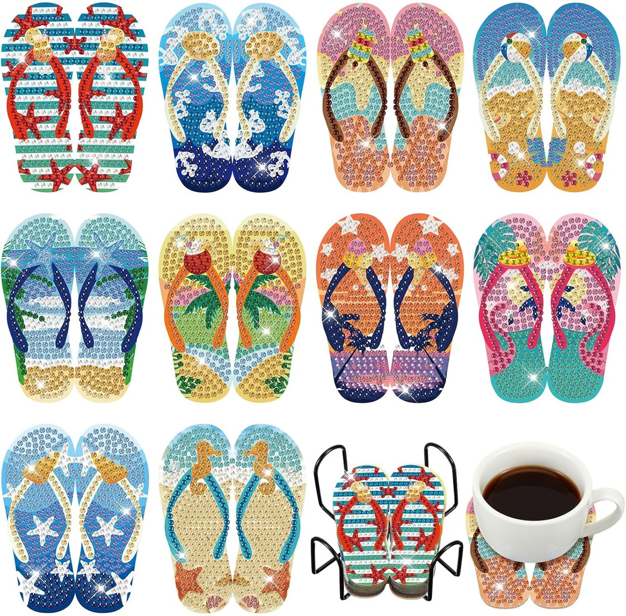10-Piece Summer Beach Diamond Art Coaster Set – Slippers, Tropical Hawaiian, Ocean, Flamingo & Starfish Diamond Painting Coasters, Fun DIY Craft Kit for Beginners and Adults